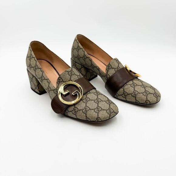 Gucci GG Blondie Monogram Loafers Block Heel Neutral Pumps EU 40 US 10 - Picture 1 of 12